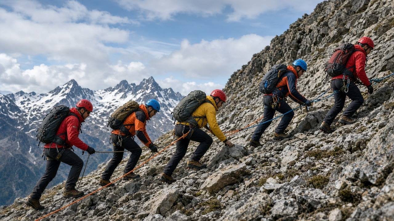Ground rescue team on a mountain trail