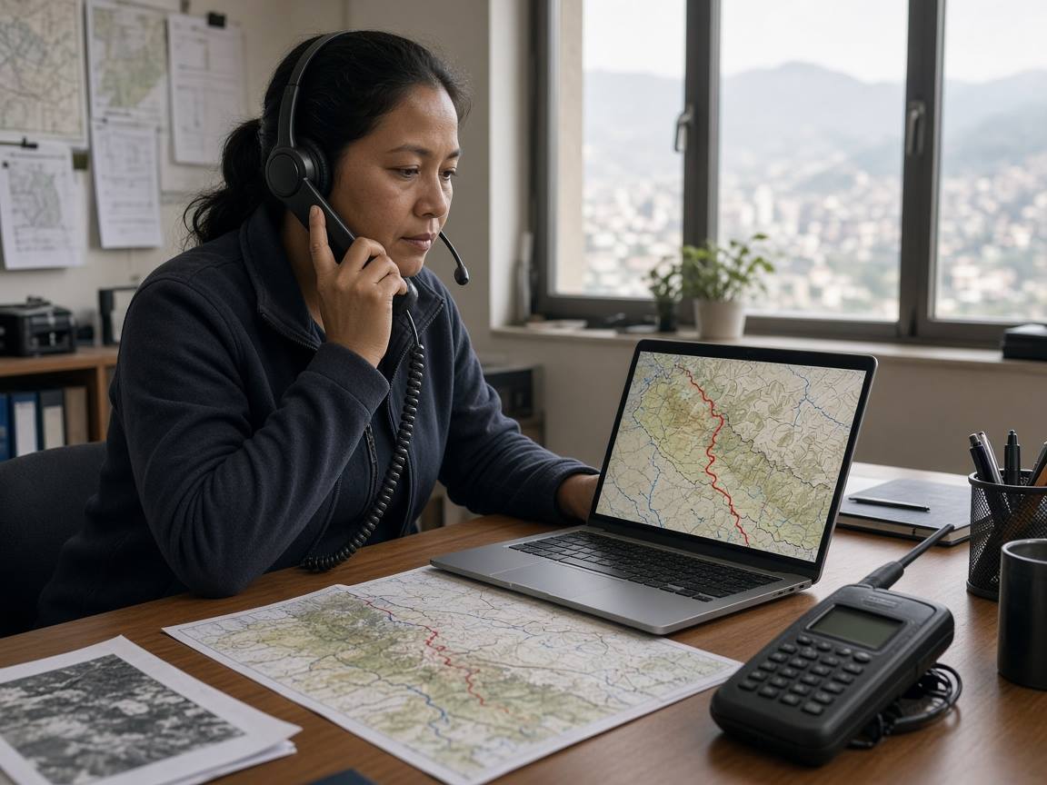 Assistance coordinator on a call with a route map on screen