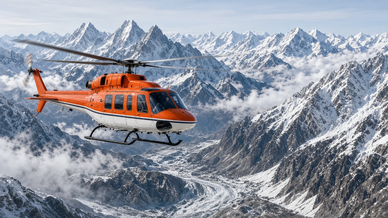 Rescue helicopter over a snowy mountain range