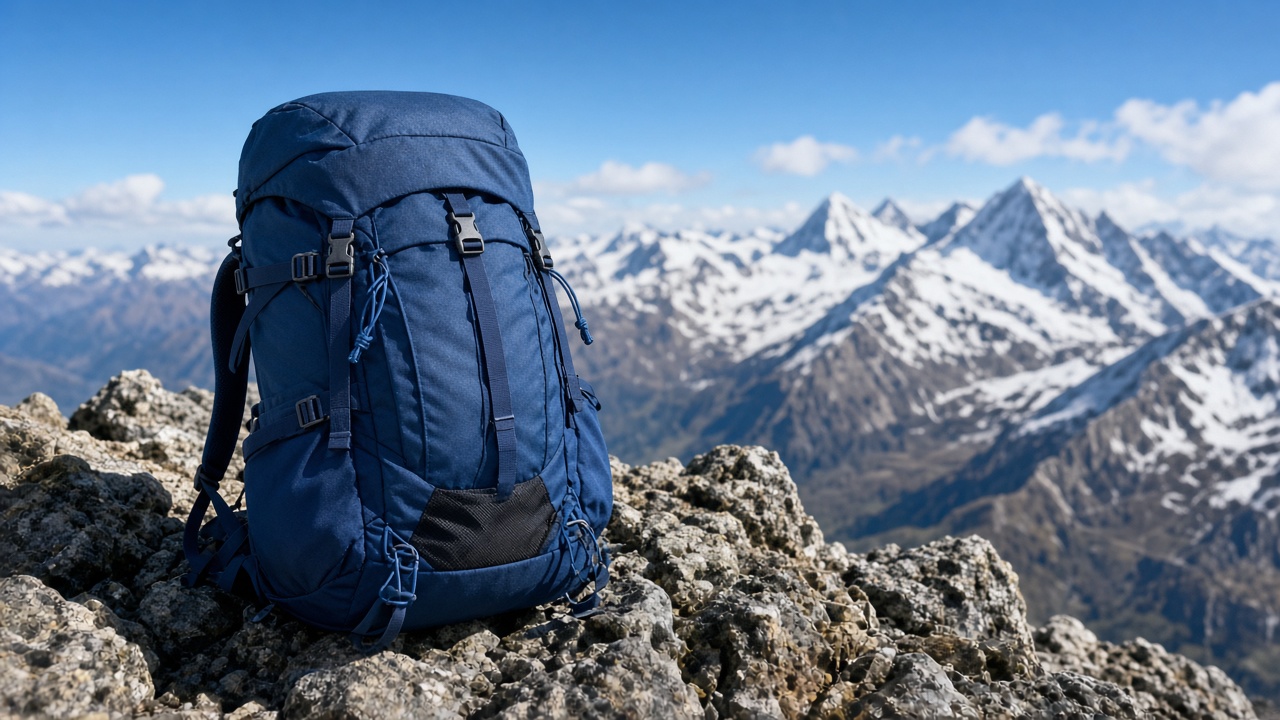 Hiking backpack on a rocky mountain summit